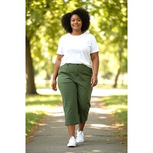 (B-70)Free Assembly Womens Green Cropped Pants 3X Elastic Waist Stretch NWT Casu